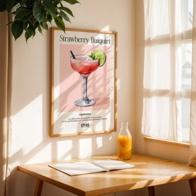 Strawberry Daiquiri poster near window with natural light, airy retro cocktail wall print.