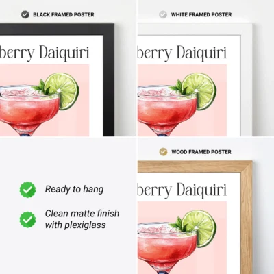 Strawberry Daiquiri poster framed options shown, vintage cocktail print ready to hang.
