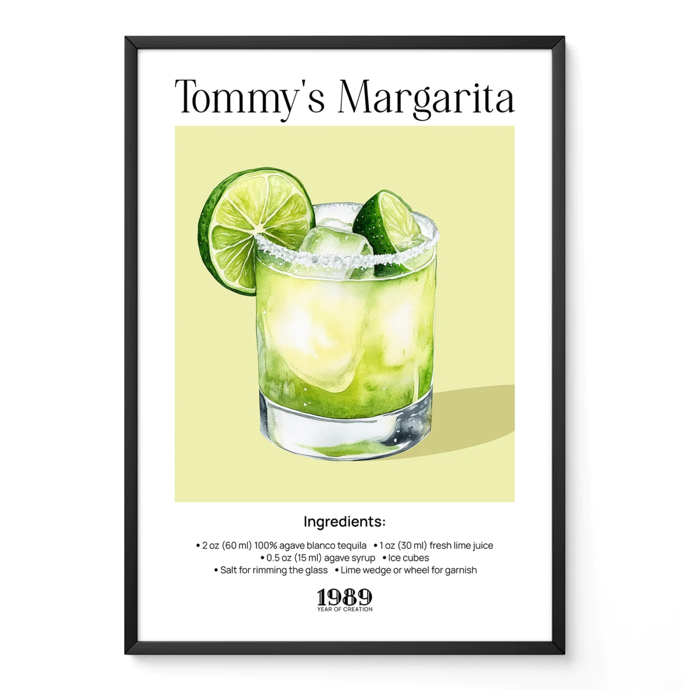 Tommy’s Margarita wall art with retro cocktail illustration, classic lime margarita drink print.