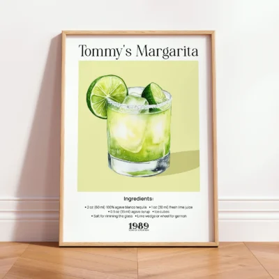 Tommy’s Margarita wall art in wooden frame, retro margarita cocktail poster with lime garnish.