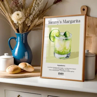 Tommy’s Margarita wall art styled on shelf, retro cocktail poster with fresh lime tones.