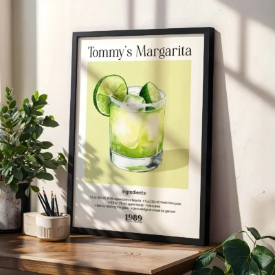 Tommy’s Margarita wall art styled with plants, retro margarita cocktail wall print.