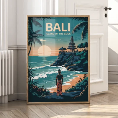 Bali Indonesia travel poster in wooden frame, retro illustration of tropical coastline and sunset.