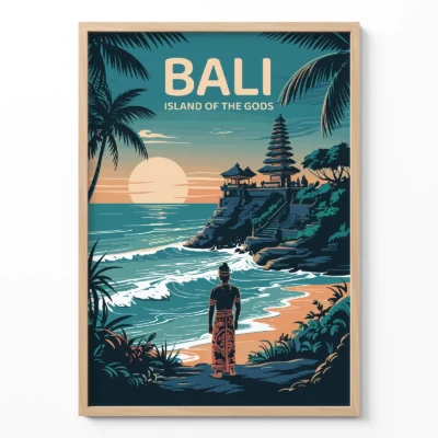 Vintage Bali Indonesia travel poster showing tropical beach, ocean waves and sunset in classic retro travel illustration style.