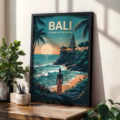 Retro Bali Indonesia travel poster leaning on table, tropical beach illustration with palm trees and ocean.