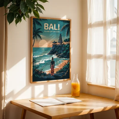 Bali Indonesia travel poster displayed near window, vintage tropical island illustration with sunset tones.