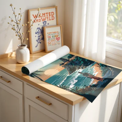 ali Indonesia travel poster print being rolled, vintage island illustration with ocean and palm trees.