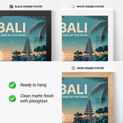 Bali Indonesia travel poster shown with black, white and wood frame options in vintage travel art style.