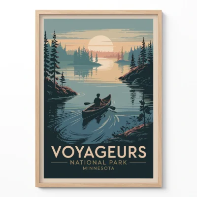 Retro national park poster of Voyageurs National Park showing canoe on calm lake at sunset in vintage travel illustration style.