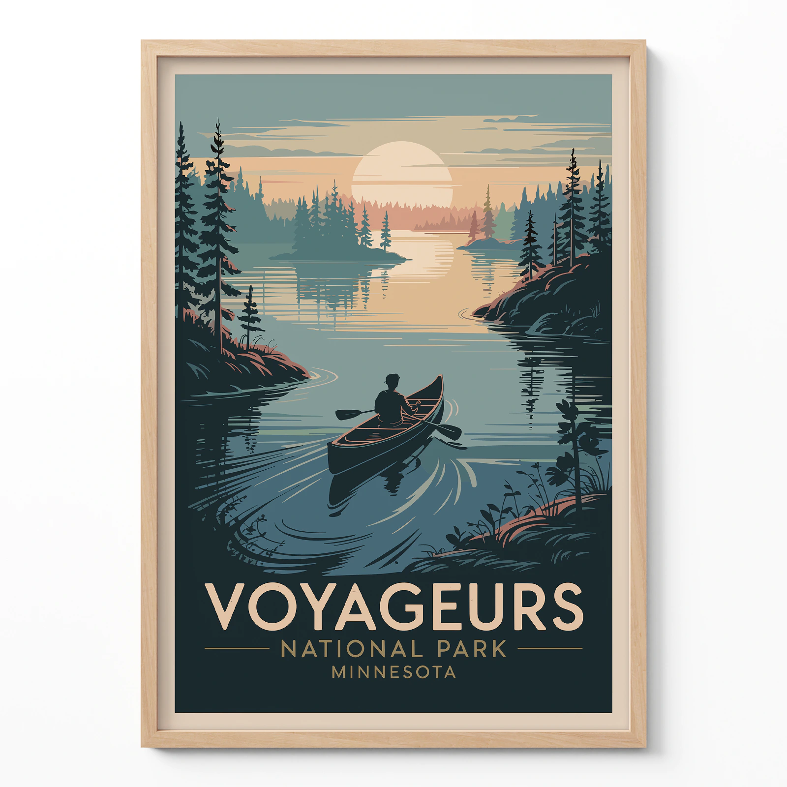 Retro national park poster of Voyageurs National Park showing canoe on calm lake at sunset in vintage travel illustration style.