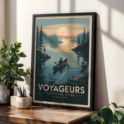 Voyageurs National Park poster leaning on table, retro illustration of canoeing scene with forest and warm sunset colors.