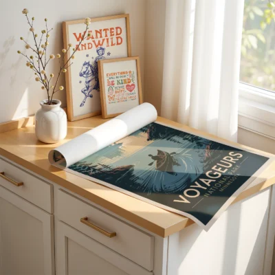 Voyageurs National Park poster print being rolled, vintage canoe illustration with lake and forest scenery.