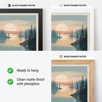 Voyageurs National Park poster shown with black, white and wood frame options in retro national park poster style.