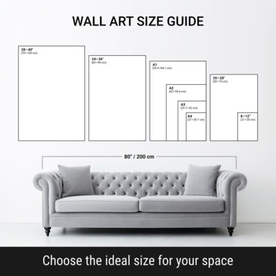 Wall art size guide showing different poster sizes above sofa for interior scale reference.