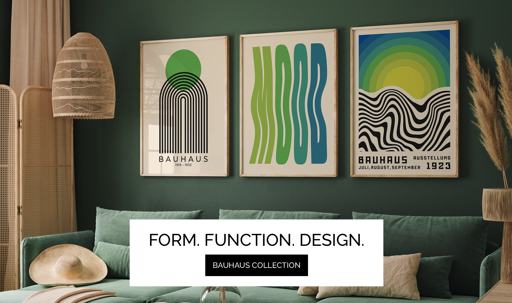 Bauhaus abstract geometric wall art poster set in green and black.