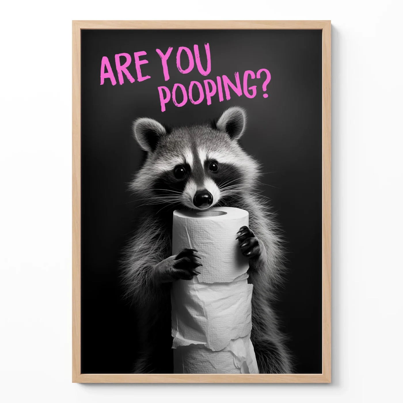Animal bathroom print with raccoon holding toilet paper and pink text