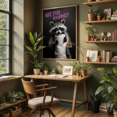 Animal bathroom print hung above desk in cozy space with plants