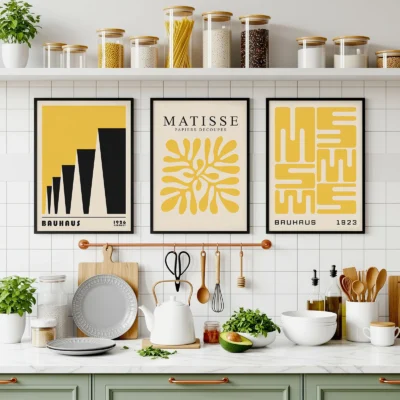 Yellow Bauhaus art above kitchen counter with plants and jars