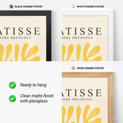 Close-up of yellow Bauhaus print in three frame styles: black, white, wood