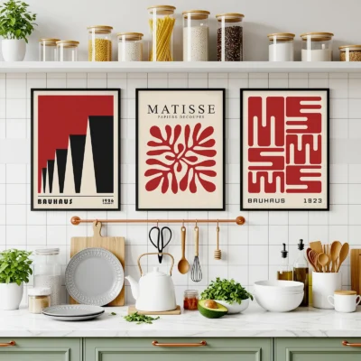 Red Bauhaus poster trio hung above modern white kitchen counter