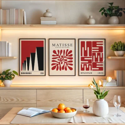Famous red Bauhaus prints displayed above wooden shelf with fruit and ceramics