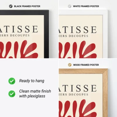 Close-up of red Bauhaus print in black, white, and wood frame options