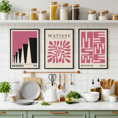 Gallery wall with pink Bauhaus prints above modern kitchen counter