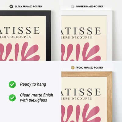 Close-up of pink Bauhaus print in wood, white, and black frames