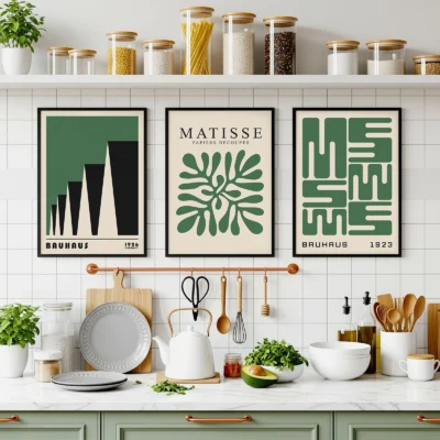 Green Bauhaus prints hung above modern kitchen shelf