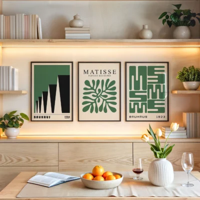 Bauhaus print set in green displayed above shelf with plants and fruit
