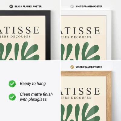 Close-up of green Bauhaus poster in black, white, and wood frames