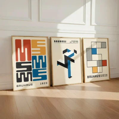 Freestanding Bauhaus posters set in colorful geometric designs