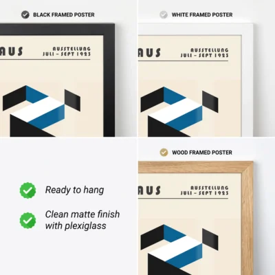 Close-up of geometric Bauhaus poster in three frame styles
