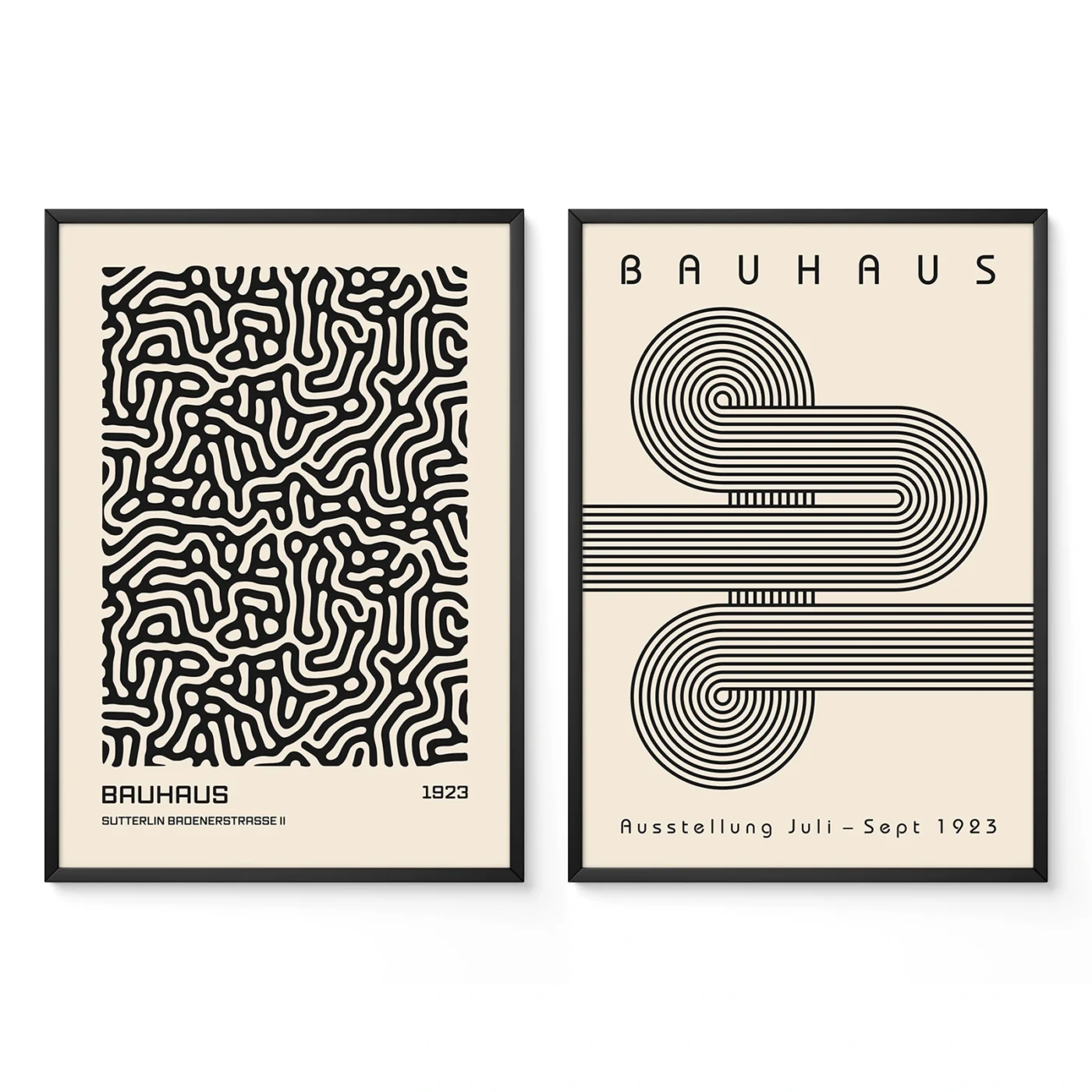 Two black and beige geometric Bauhaus posters with intricate line patterns