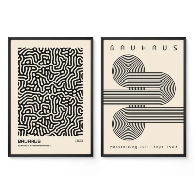 Two black and beige geometric Bauhaus posters with intricate line patterns