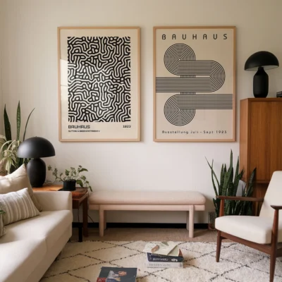 Geometric Bauhaus poster set of 2 framed in wood above neutral sofa
