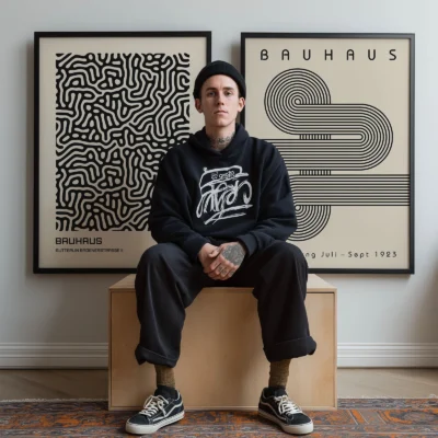 Bauhaus poster set above seated man wearing streetwear in modern space