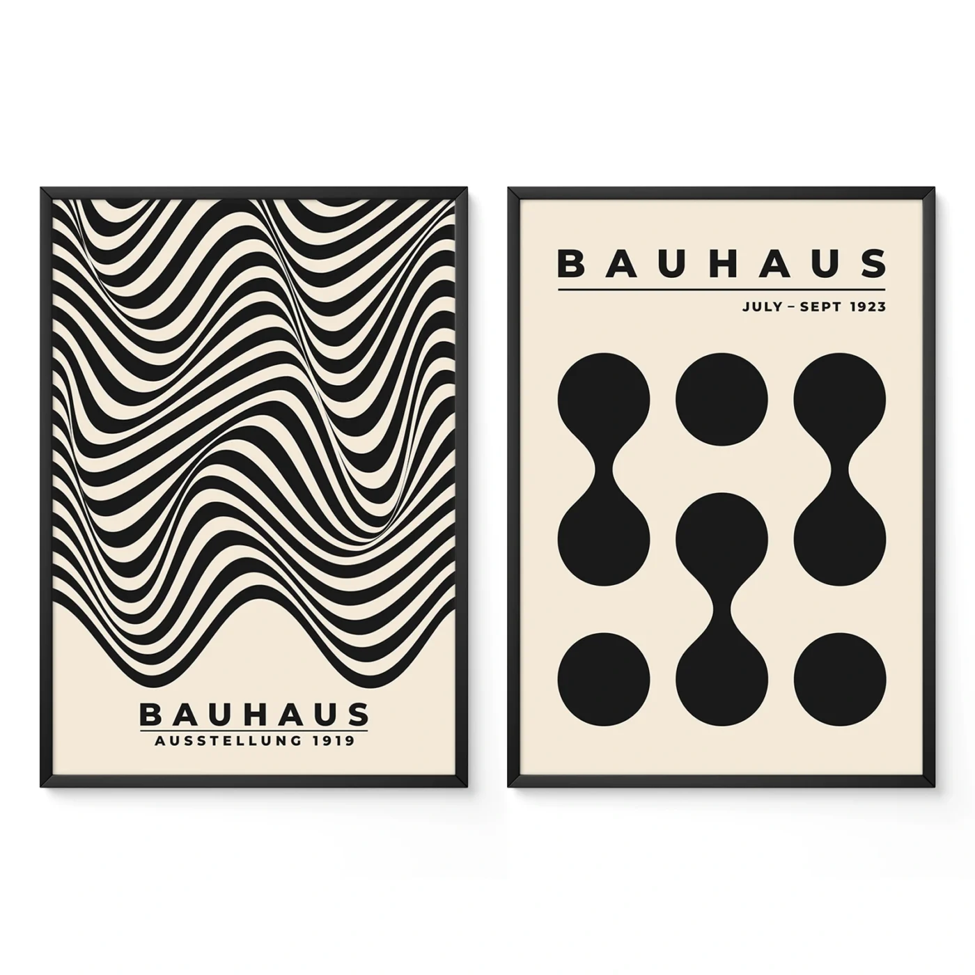 Two minimalist Bauhaus posters with black wave and dot graphics on beige
