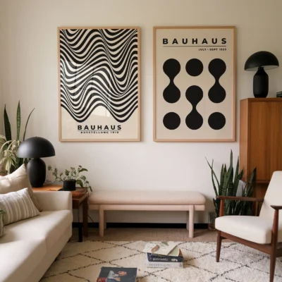 Framed geometric Bauhaus posters with black lines and circles above couch