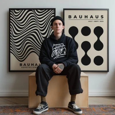 Black and beige Bauhaus poster set next to man in modern outfit