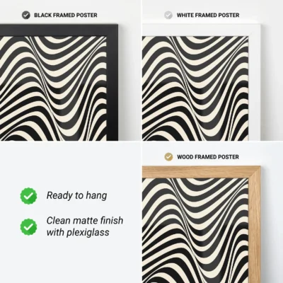 Bauhaus posters shown in black, white, and wood frame options