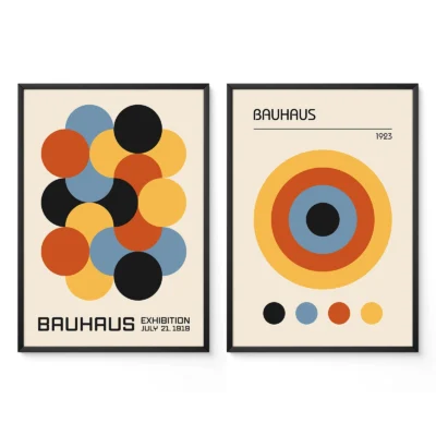 Two Bauhaus posters with colorful abstract circles and geometric design