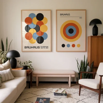 Framed Bauhaus posters with retro circles and target-style design in living room