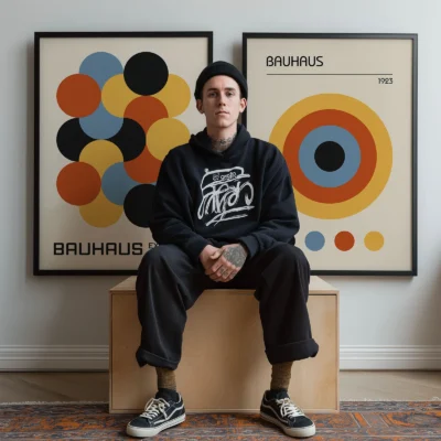 Bauhaus poster set behind seated man with modern outfit