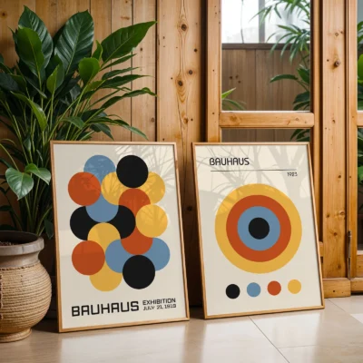 Bauhaus poster duo featuring colorful abstract circle art near indoor plants