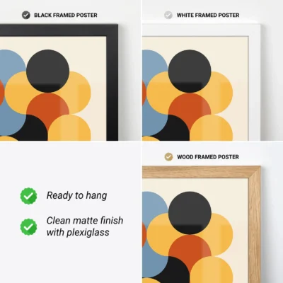 Close-up of Bauhaus posters in different frame styles: black, white, wood