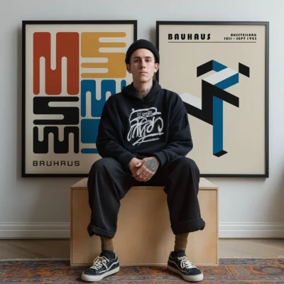 Bauhaus prints displayed behind seated figure, emphasizing bold contrast
