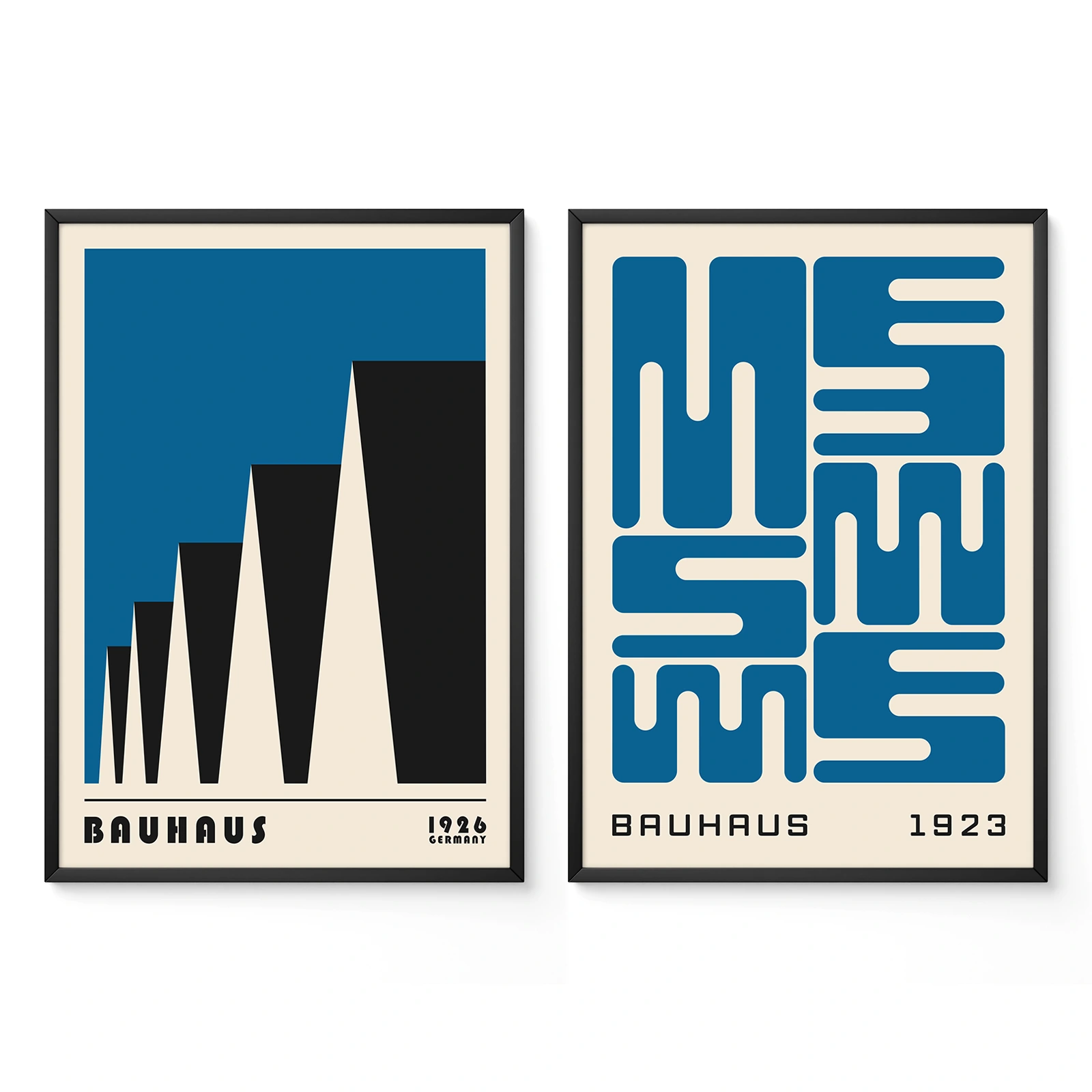 Blue and black minimalist Bauhaus posters with sharp geometric elements in black frames
