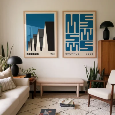 Framed blue Bauhaus poster set above beige sofa in natural light interior