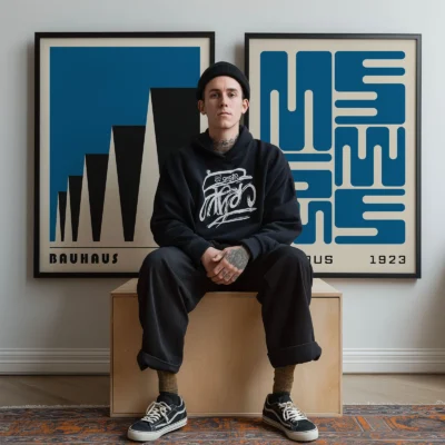 Man sitting between two large framed Bauhaus prints on a wall
